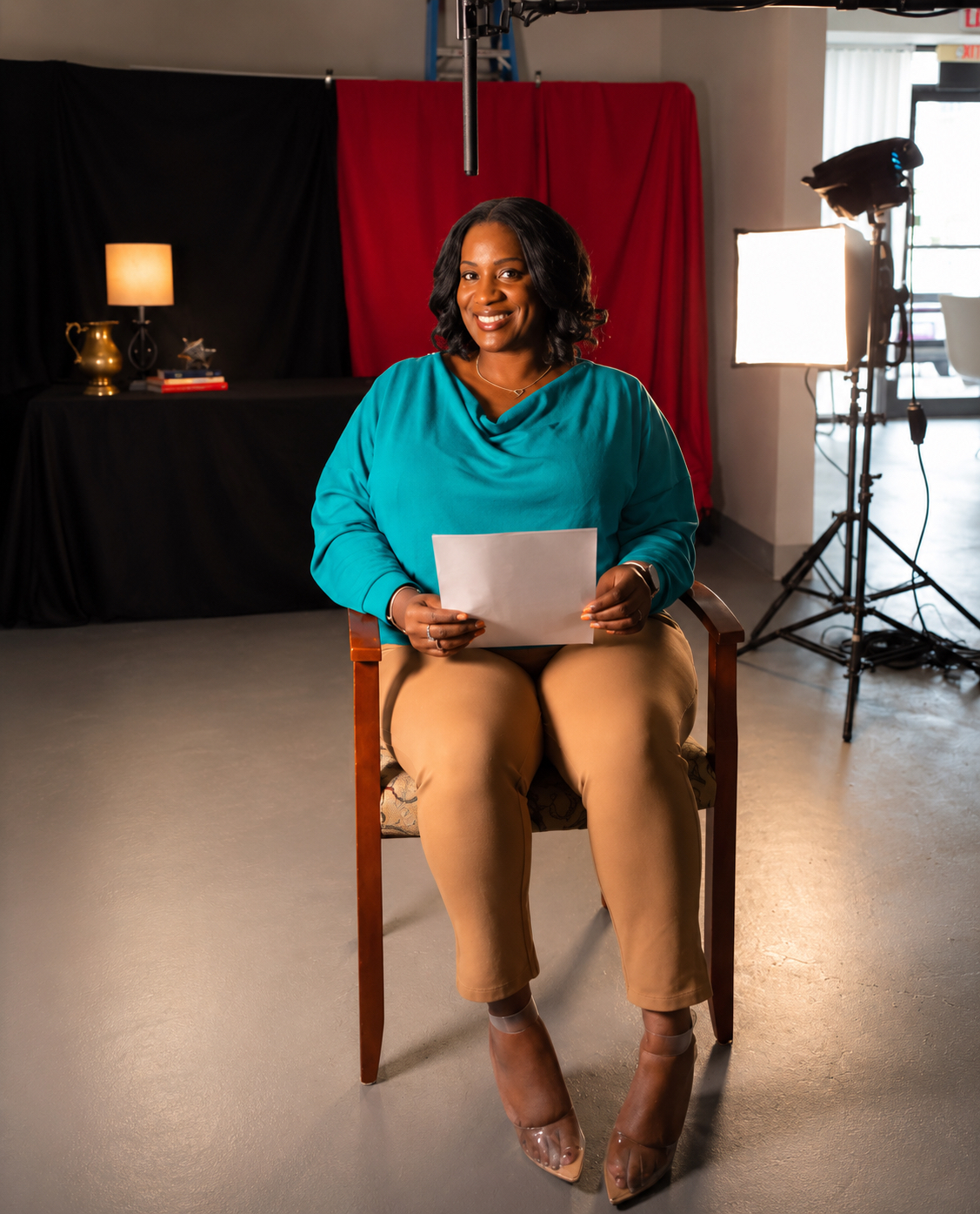 Tinzley Bradford on a television interview set